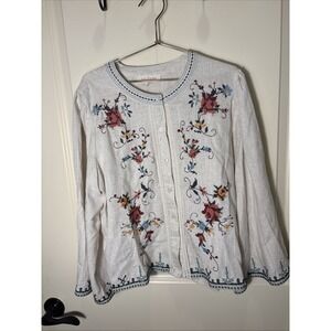 SOLITAIRE Needlepoint Floral Shirt Button Linen Blend~ Bell Sleeve~ Cottage Core